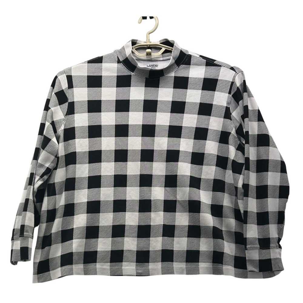 Lands End Gingham Mockneck Top Black White‎ 2X